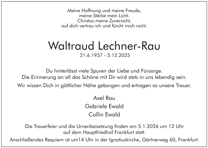 Beerdigung von Waltraud Lechner-Rau am 5. Januar